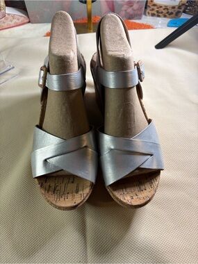 Kork-Ease Metallic Silver Cork Wedge Sandals
